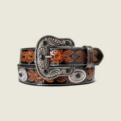 Floral Embossed Belt with Black Stone Conch Belt